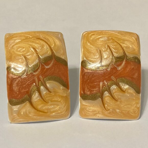 Vintage Cream Beige Copper Swirl Enamel Clip On Earrings 70s 80s Retro Fall - Picture 4 of 11
